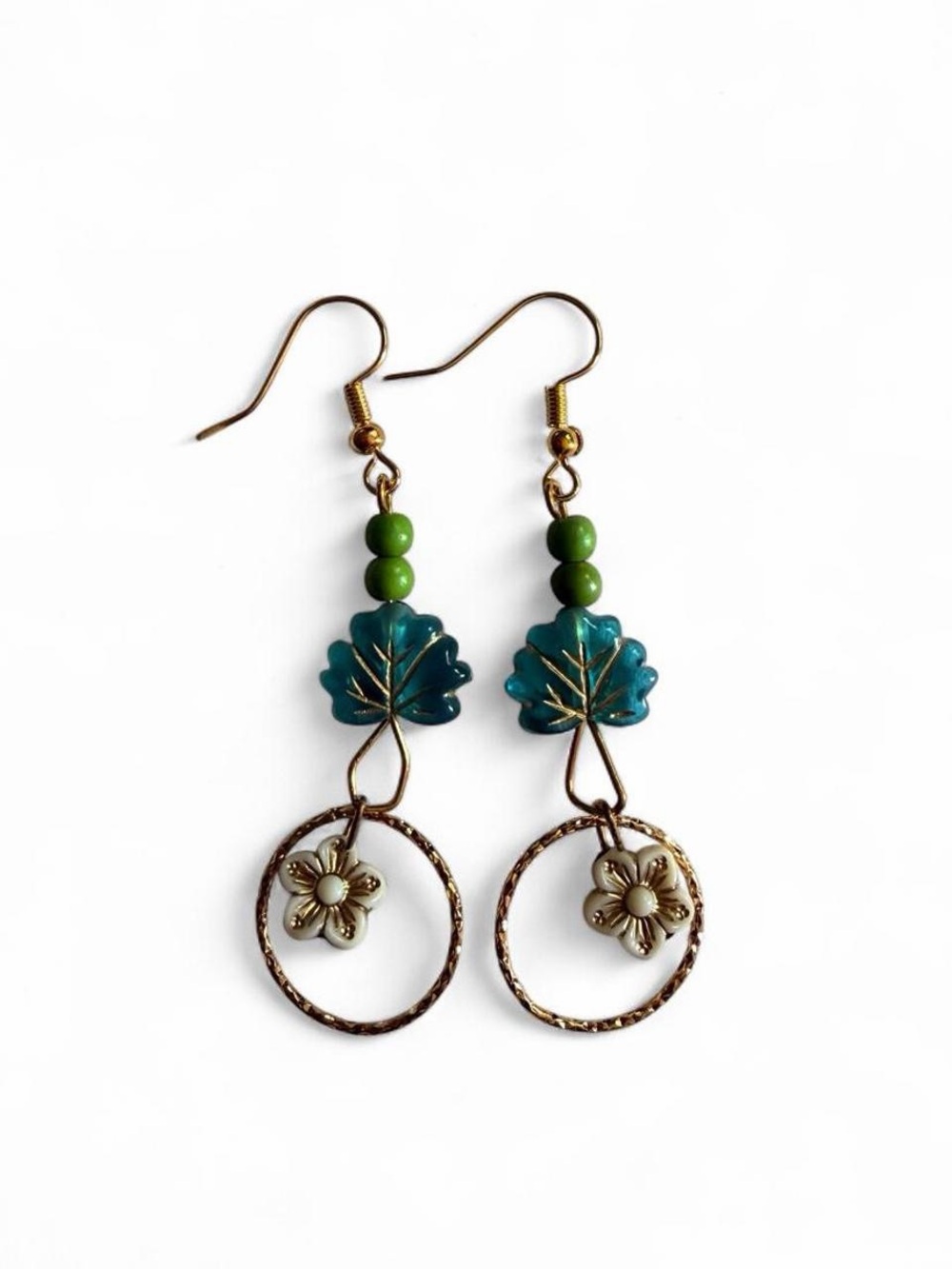 Handmade Boho Teal Leaf & White Floral Dangle Earrings - Acrylic Nature Inspired